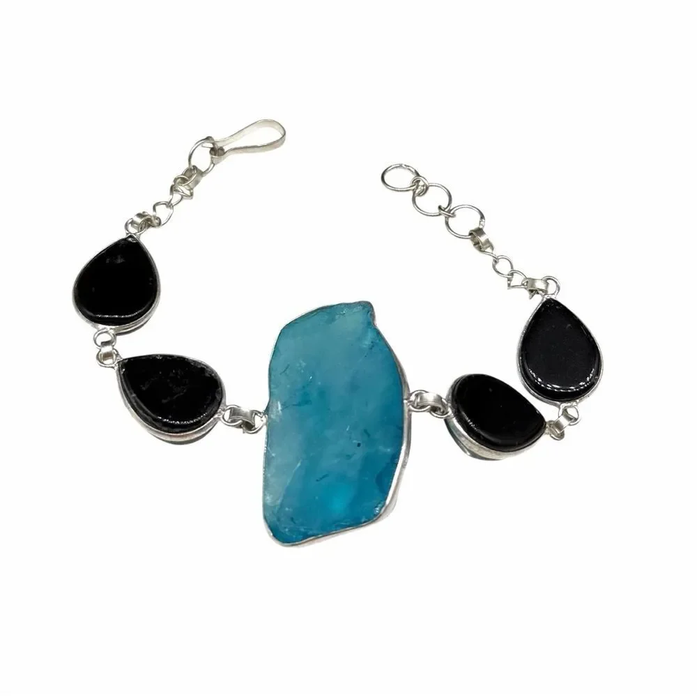 Titanium Quartz & Dichroic Glass Bracelet 925 Sterling Silver Overlay Blue Green